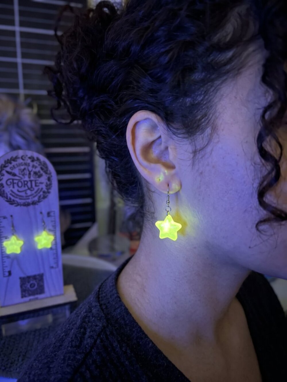 Glow in the Dark Resin Star Dangle Earrings Handmade Celestial Whimsigoth - Picture 4 of 6